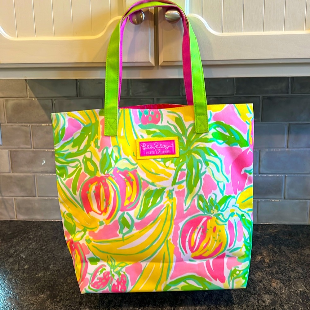 Lilly Pulitzer x Estée Lauder Bright Pink, Yellow and Green multi-purpose Tote